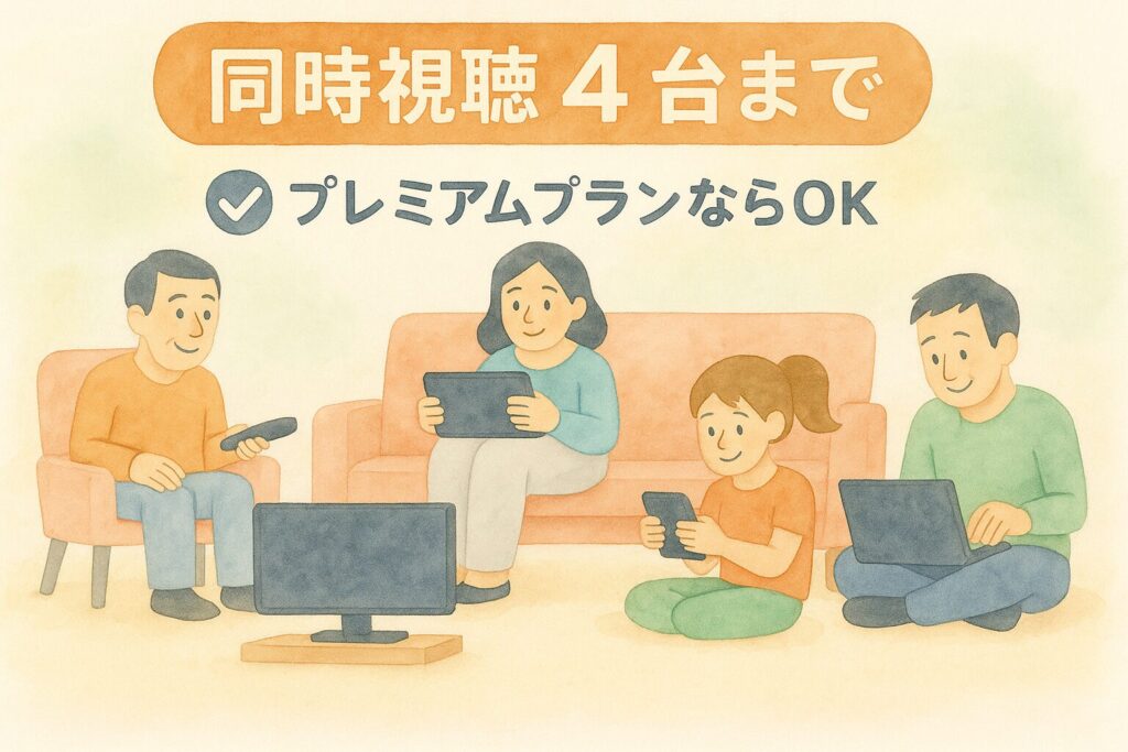 プレミアムプランで家族4人が4台同時視聴できるイラスト