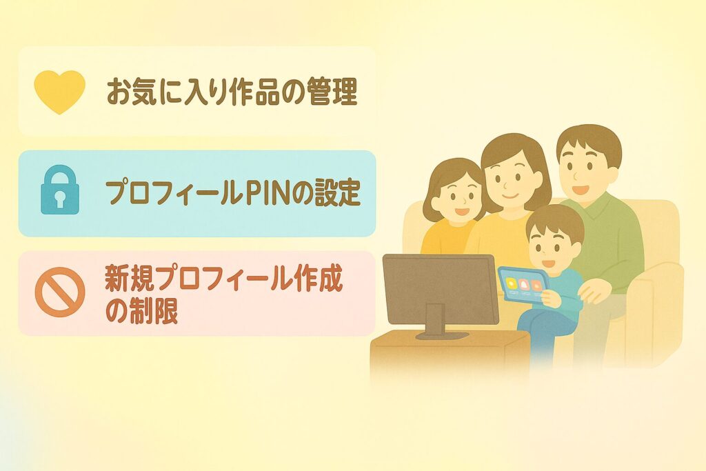 ディズニープラスのアカウント共有で利用できる3つの機能を紹介するイラスト