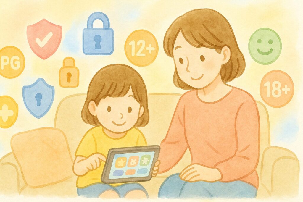 母と子がタブレットで視聴制限を設定するイラスト