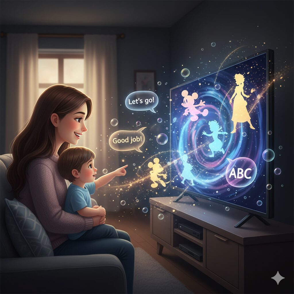 母と息子がディズニープラスを見る様子