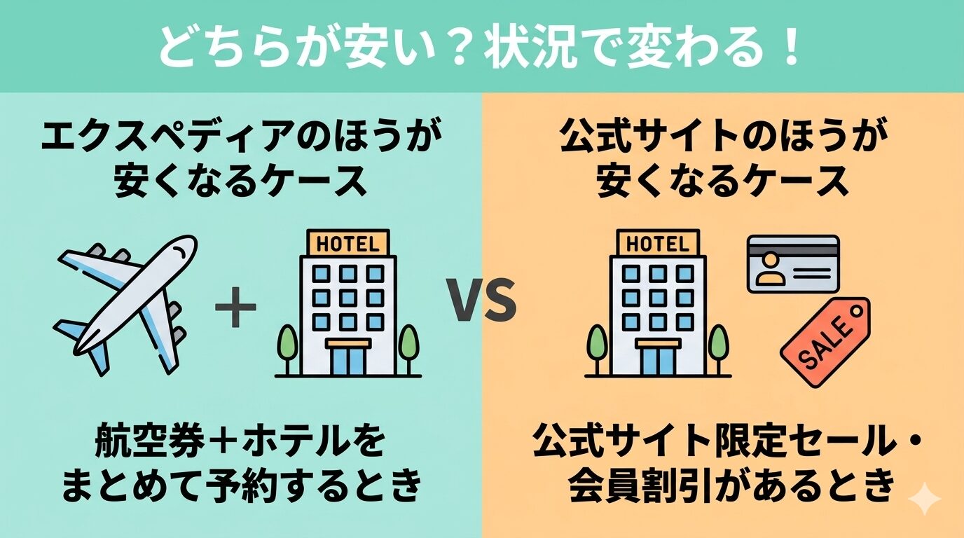 エクスペディアと公式サイトどちらが安いか比較